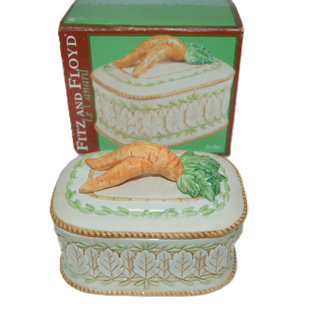VINTAGE FITZ AND FLOYD LE CANARD CARROT TEA BOX 6" LONG AIR TIGHT CERAMIC EASTER
